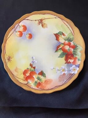 Hand-Painted Strawberry Floral Decorative Plate - Yellow and Red